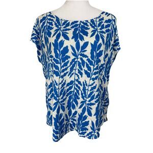 Rachel Zoe 100% Linen Top XL White Blue Floral Spring Summer Lightweight Beach